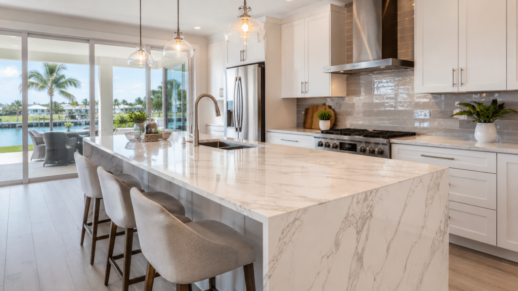 Bright modern Cape Coral kitchen with a large white quartz waterfall island, white shaker cabinets, stainless steel appliances, pendant lighting, and waterfront views through sliding glass doors.