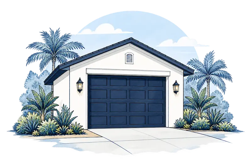 Watercolor Detached Garage with Tropical Landscaping